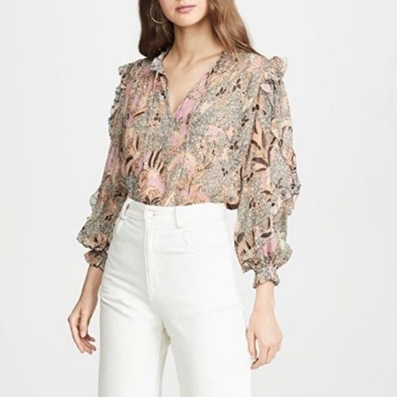 Ulla Johnson || Lara Blouse Silk Lurex Ruffle Floral Ivory Pink 2