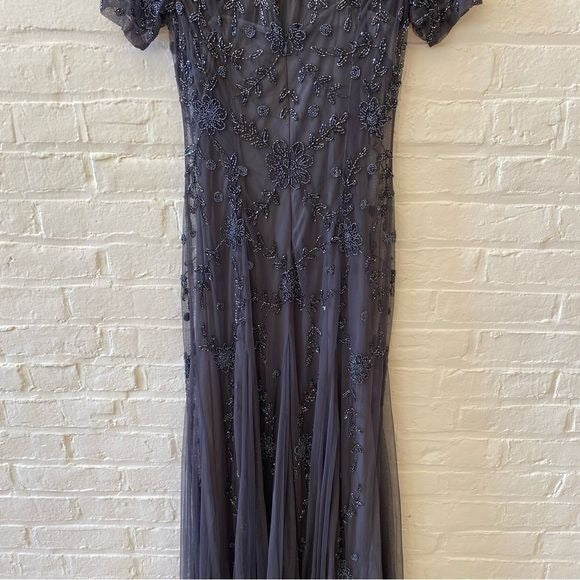 Adrianna Papell || Beaded Floral Gown Tulle Mesh Blue Gray 4