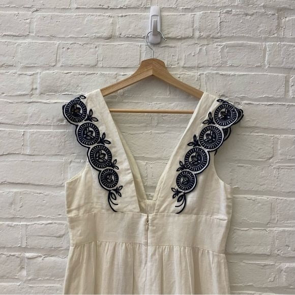 J.Crew Collection || Embroidered Eyelet Linen Midi Dress White + Navy 10 NWT