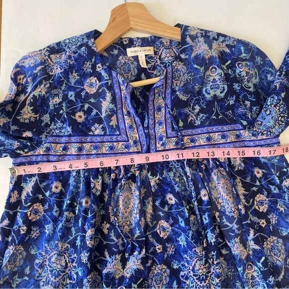 Rebecca Taylor || Silk Dreamweaver Top Long Sleeve Indigo Combo Blue Pink 0