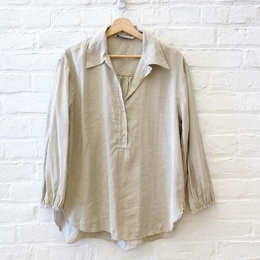 Zara || Oversized Striped Popover Shirt Tan Khaki White Large