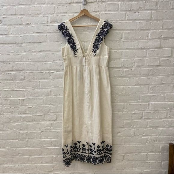 J.Crew Collection || Embroidered Eyelet Linen Midi Dress White + Navy 10 NWT