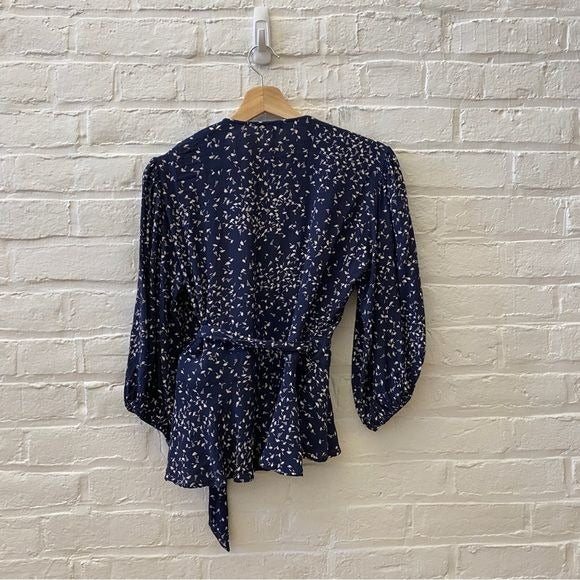 Ganni || Barra Crepe Wrap Blouse Top in Total Eclipse Navy 40 US 8