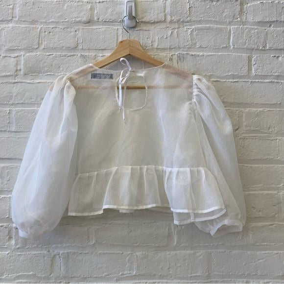 Manimami || Boxy Puff Sleeve Sheer Top Blouse Topper Crop  White