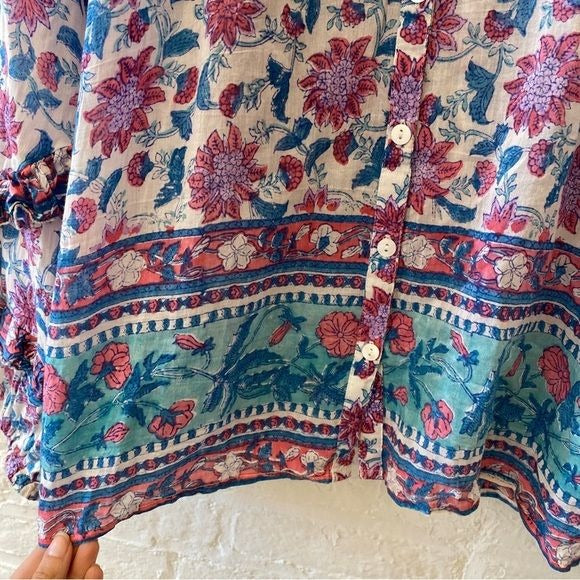 Bell by Alicia Bell || Callie Silk Blend Floral Block Print Ruffle Sleeve Top L