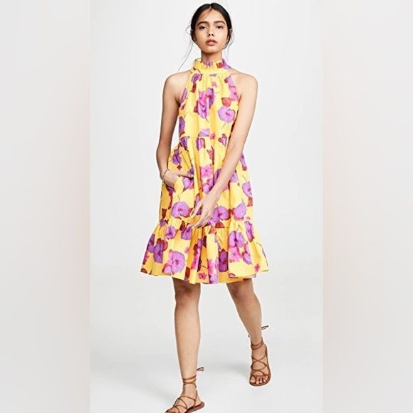 Borgo De Nor || Margot Poplin High Neck Tiered Mini Dress Floral Yellow