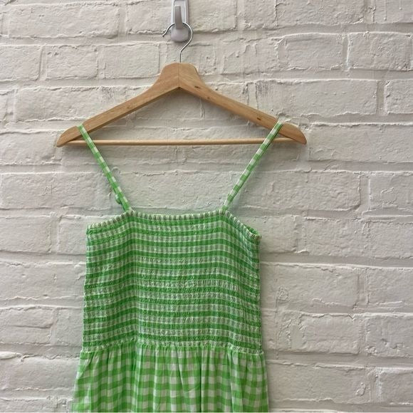 J. Crew || Smocked Top Midi Dress Tiered Gingham Lime Green XS