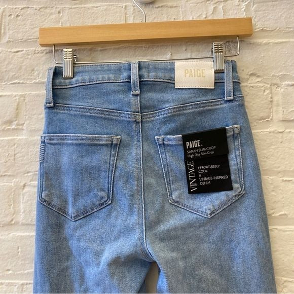 Paige || Sarah Slim Crop Jeans Raw Hem in Park Ave Light Blue Wash 24 NWT