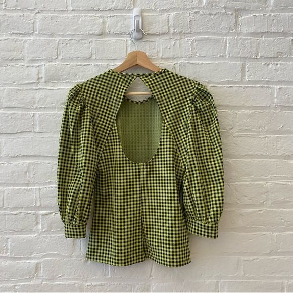 Amanda Uprichard || Jilly Top Blouse Puff Sleeve Open Back Lime Green Gingham L