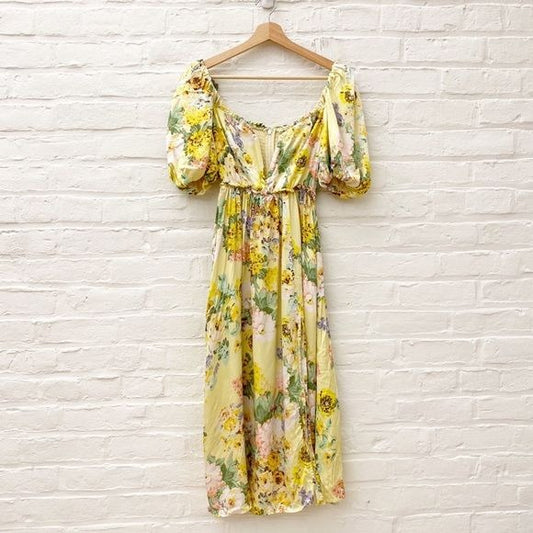 For Love & Lemons || Leigh Floral Midi Dress Plunge V-Wire Yellow Small