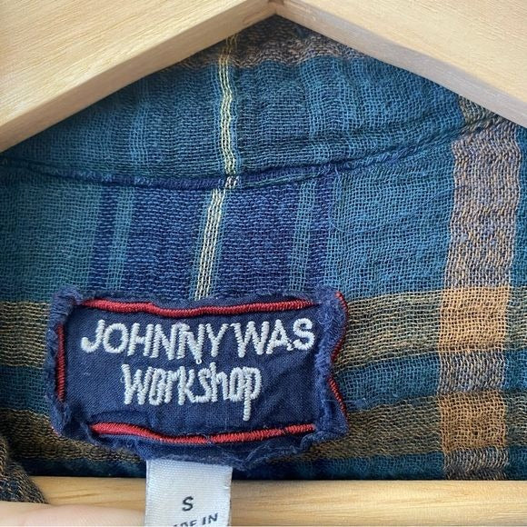 Johnny Was || Workshop Embroidered Plaid Tunic Button Down Floral Blue Small