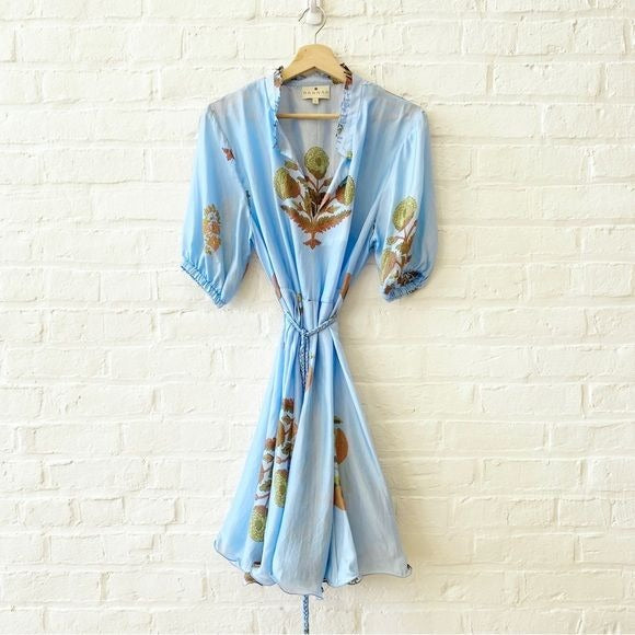 Hannah Artwear || Gaia Silk Puff-Sleeve Mini Dress Skyscape Blue Floral 1 NWT