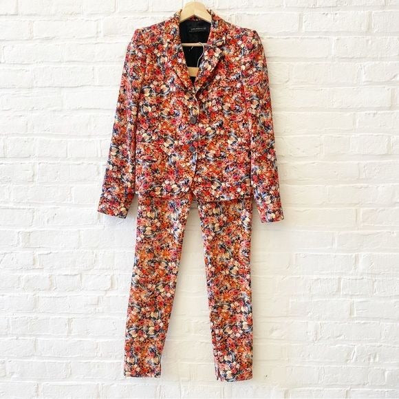 Zara || Two Piece Matching Suit Floral Blazer Pants Red Pink XS / S