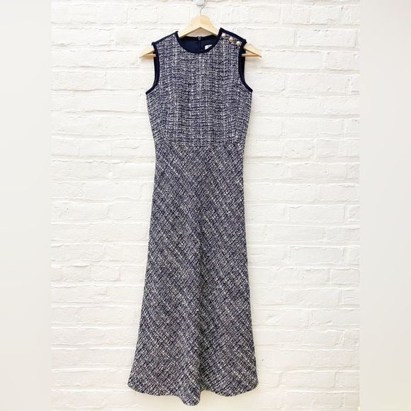 Max Mara || Spadino Tweed Midi Dress Fit Flare Shoulder Buttons Navy 2