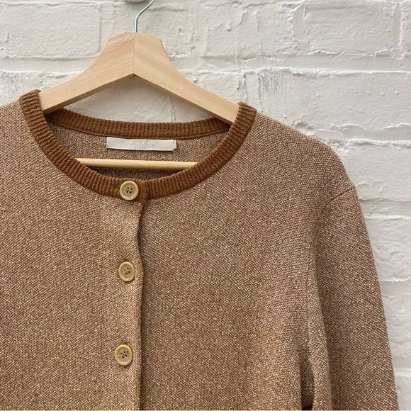 One Grey Day || Contrast Crewneck Cardigan Sweater Camel Tan Brown XS