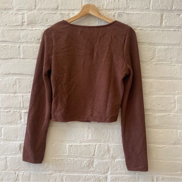 Anthropologie || Pilcro Square Neck Cropped Cardigan Ribbed Brown Medium