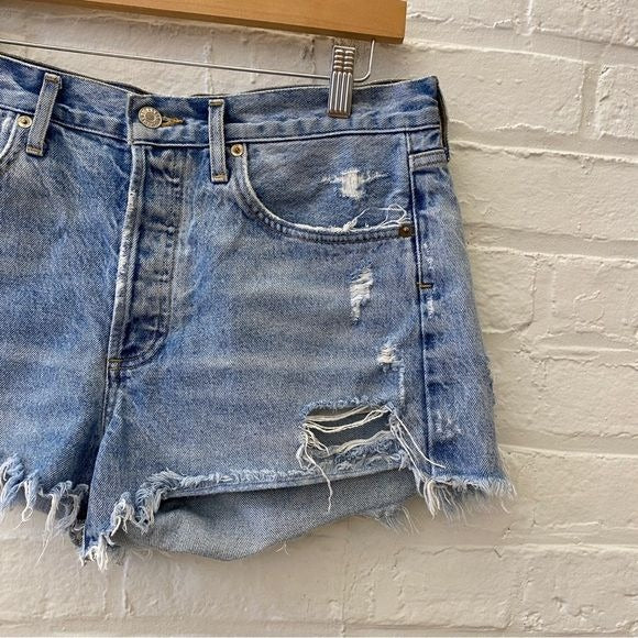 AGOLDE || Parker Vintage Cut Off Shorts Swapmeet Blue Denim Distressed Fray 28