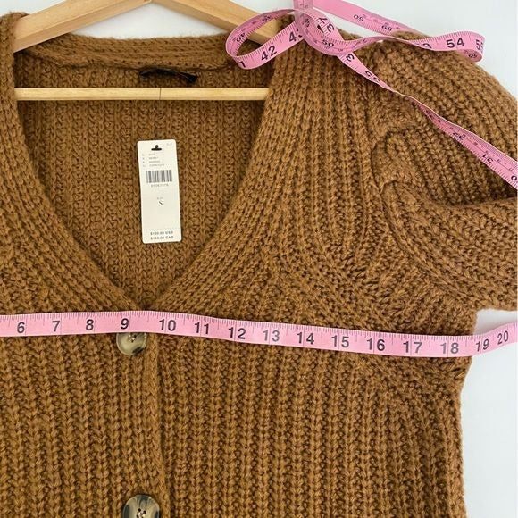 Anthropologie || Current Air Ribbed Chunky Knit Puff Sleeve Cardigan Brown S NWT