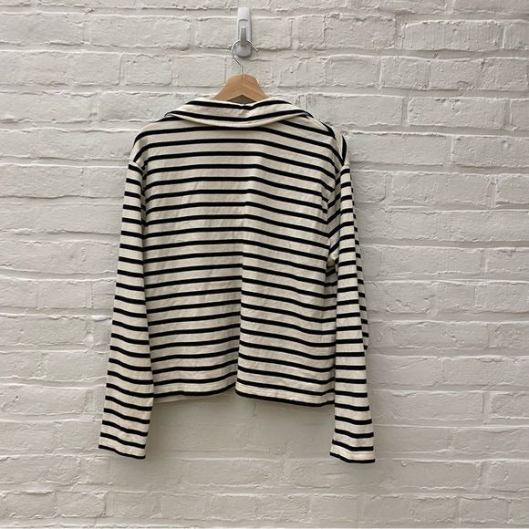 Boden || Notch Collar Stripe Top Breton Nautical Navy Blue Ivory Large