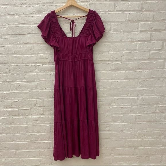 Anthropologie || Ruffled Tiered Midi Dress Raspberry Small