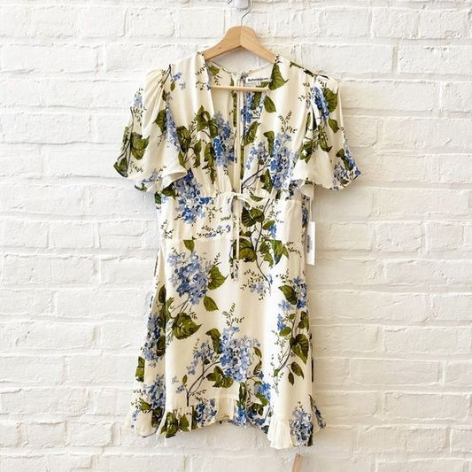 Reformation || Mya Dress in Riviera Cream Blue Floral Plunge Mini 6 NWT