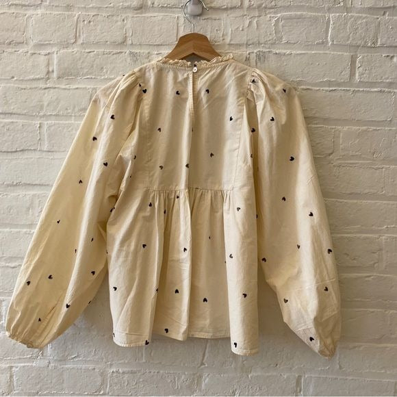 Zara || Poplin Puff Sleeve Smocked Blouse Top Hearts Cream XS