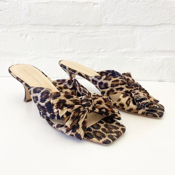 Loeffler Randall || Eugenia Pleated Knot Bow Square Toe Slides Leopard 9.5