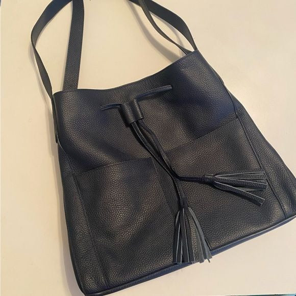 LAGGO || Andrea Tassel Drawstring Hobo Bag Pockets Pebbled Leather Navy