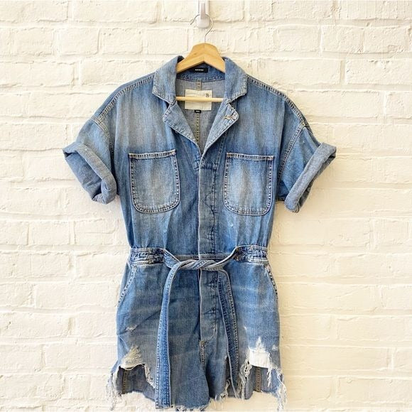 R13 || Mick Belted Distressed Denim Romper Cohen Blue Small