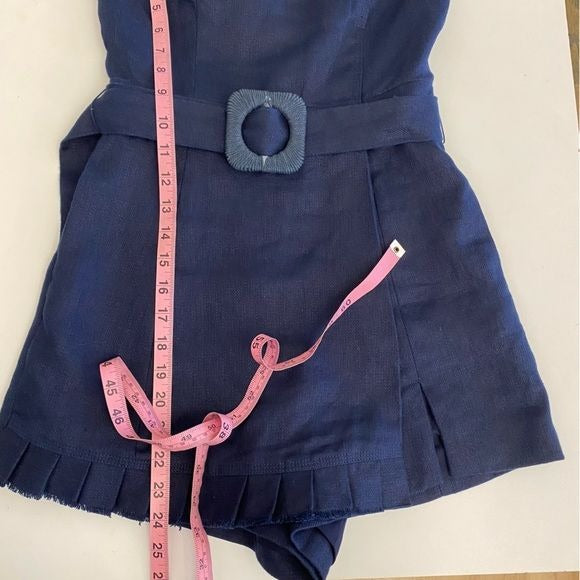 Alexis || Brin Strapless Belted Frill Ruffle Romper Navy Blue XS