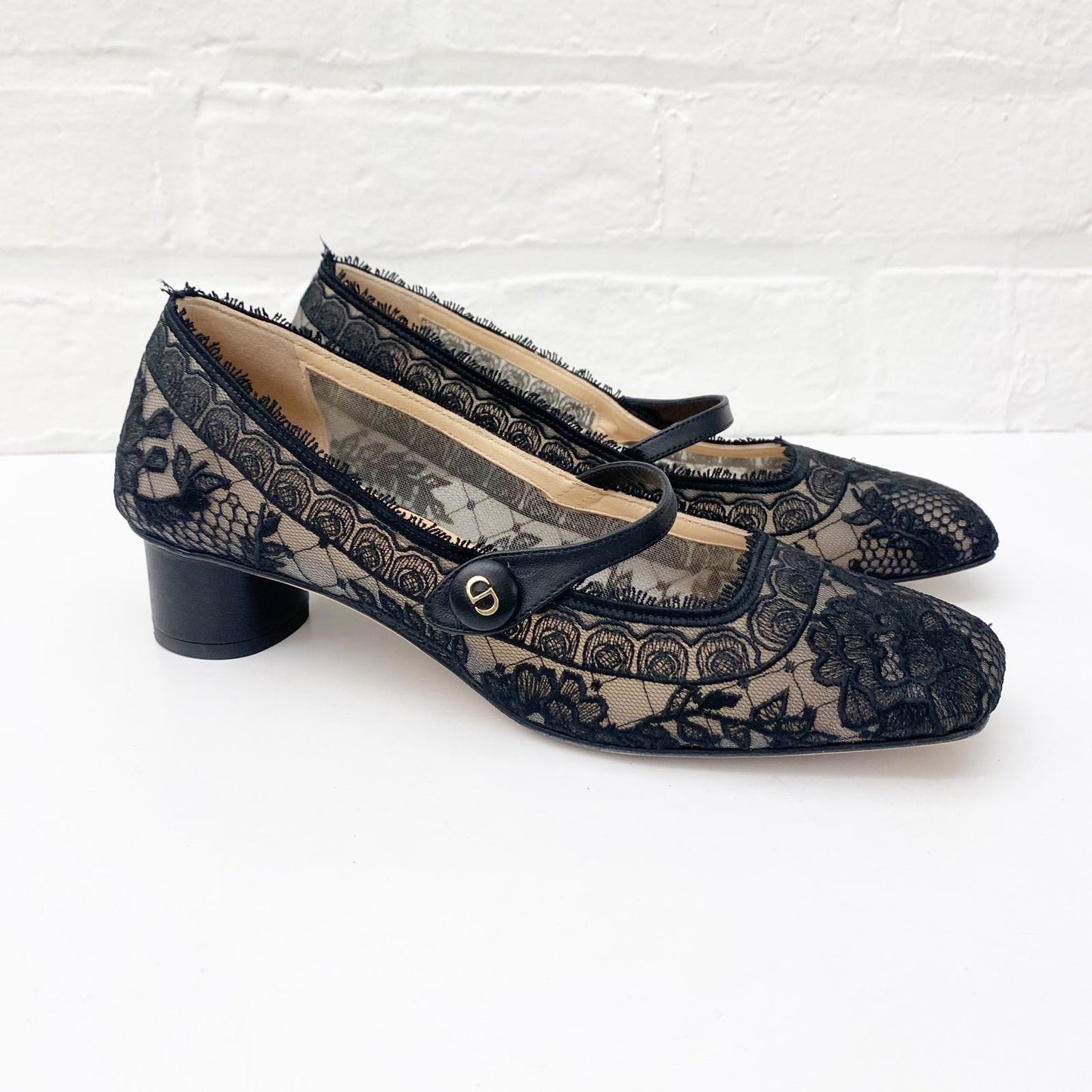 Christian Dior || D-grace Ballet Pump Black Mesh Lace Leather Roses Embroidery 36