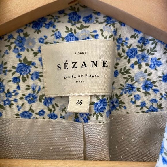 Sezane || Christie Jacket Blazer Double Breasted Blue Floral 36 US 4