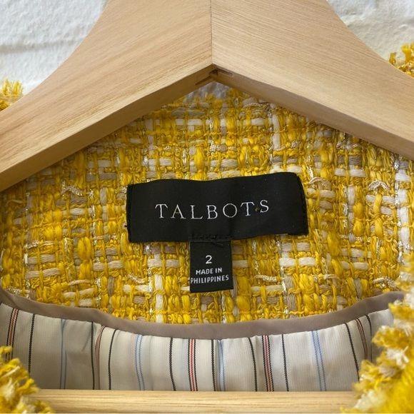 Talbots || Tweed Lady Jacket Fringe Patch Pocket Buttons Preppy Yellow 2