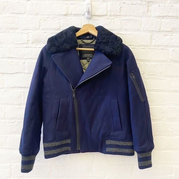 J.Crew Collection || Shearling Bomber Jacket Coat Wool Fur Navy Black 0