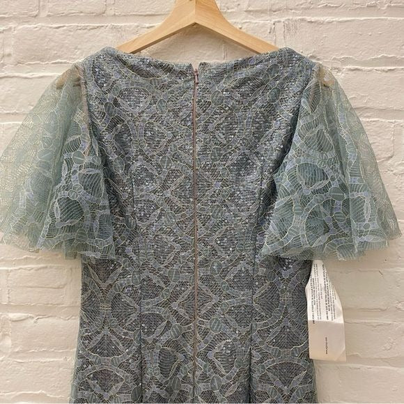 JS Collections || Sequin Lace Cape Gown Sage Blue Green 6 NWT