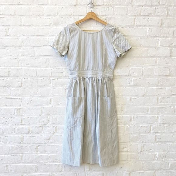 Sezane || Odalie Backless Button Back Midi Dress Blue Ecru Stripe 36 US 4