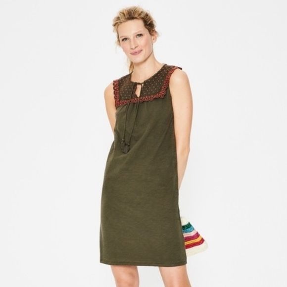 Boden || Nella Jersey Eyelet Olive Green Sleeveless Shift Dress 6