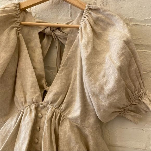 Joslin || Camille Tie-Back Linen Peplum Blouse Tan Beige AU 8 US 4