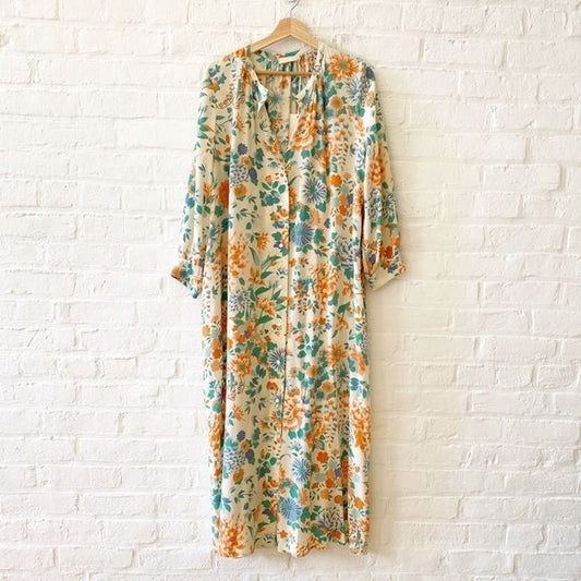 Momoni || Beverly Hills Floral Printed Silk de Chine Tunic Dress Yellow 44 NWT