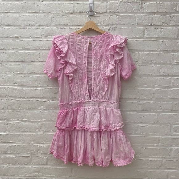 LoveShackFancy || Natasha Mini Dress Ruffle Swiss Dot Tie Dye Peony Pink XL