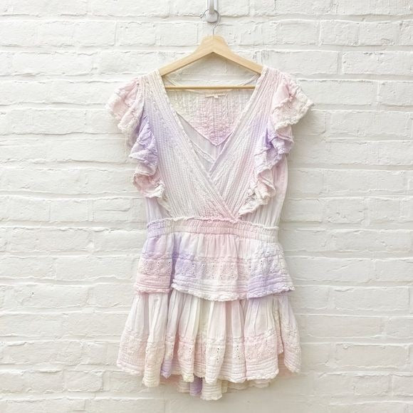 LoveShackFancy || Gwen Mini Dress Tie Dye Eyelet Ruffle V-neck Pink Large