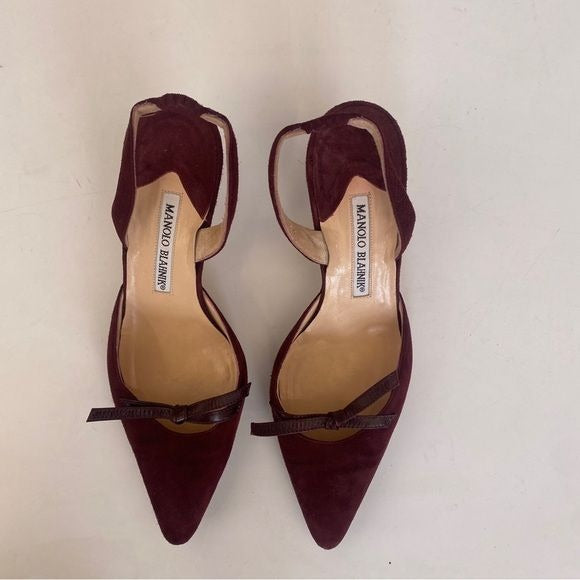 Manolo Blahnik || Slingback Kitten Heels Mules Suede Bow Burgundy Wine Red 37.5