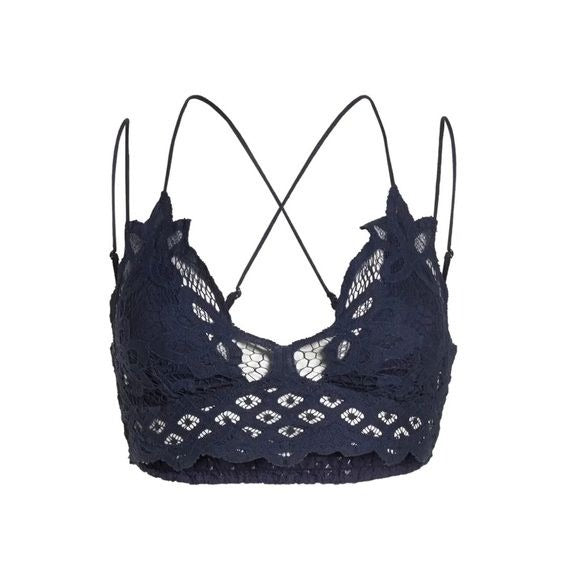 Free People || FP One Adella Bohemian Crochet Bralette Navy Blue Large NWT