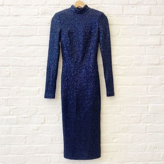 Rebecca Vallance || Andree Dress Long Sleeved High Neck Midi Navy Sequined 0