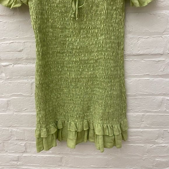 Faithfull the Brand || Cette Linen Smocked Mini Dress Puff Sleeve Green US 4