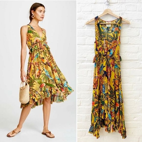 Farm Rio || Into The Wild Jungle Print Midi Dress Crepe Ruffle Yellow Small