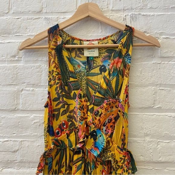 Farm Rio || Into The Wild Jungle Print Midi Dress Crepe Ruffle Yellow Small