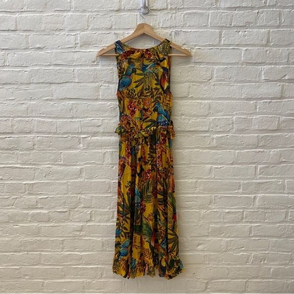 Farm Rio || Into The Wild Jungle Print Midi Dress Crepe Ruffle Yellow Small