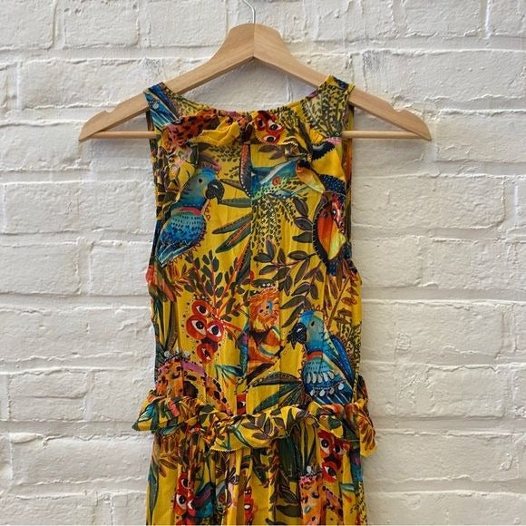 Farm Rio || Into The Wild Jungle Print Midi Dress Crepe Ruffle Yellow Small