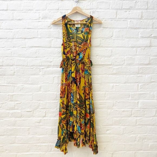 Farm Rio || Into The Wild Jungle Print Midi Dress Crepe Ruffle Yellow Small